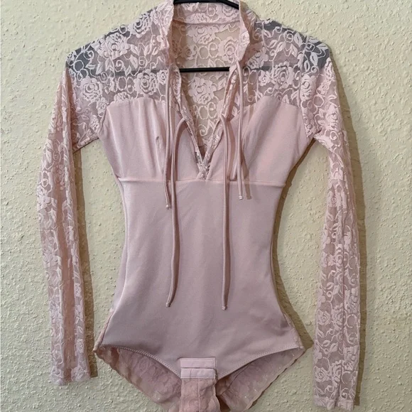 Pink Lace Long Sleeve Bodysuit with Tie Front - Picture 1 of 5